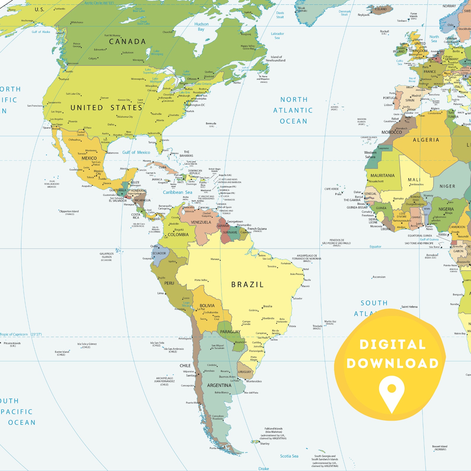 Digital World Political Map, Printable Political Map, World Map Poster, Countries of the World ...