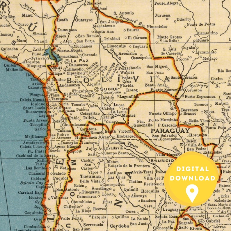 May include: A vintage map of South America, highlighting the countries of Bolivia, Paraguay, and Argentina. The map is printed on a cream-colored paper with brown, orange, and red lines and text. The map includes the names of cities, rivers, and geographic features.