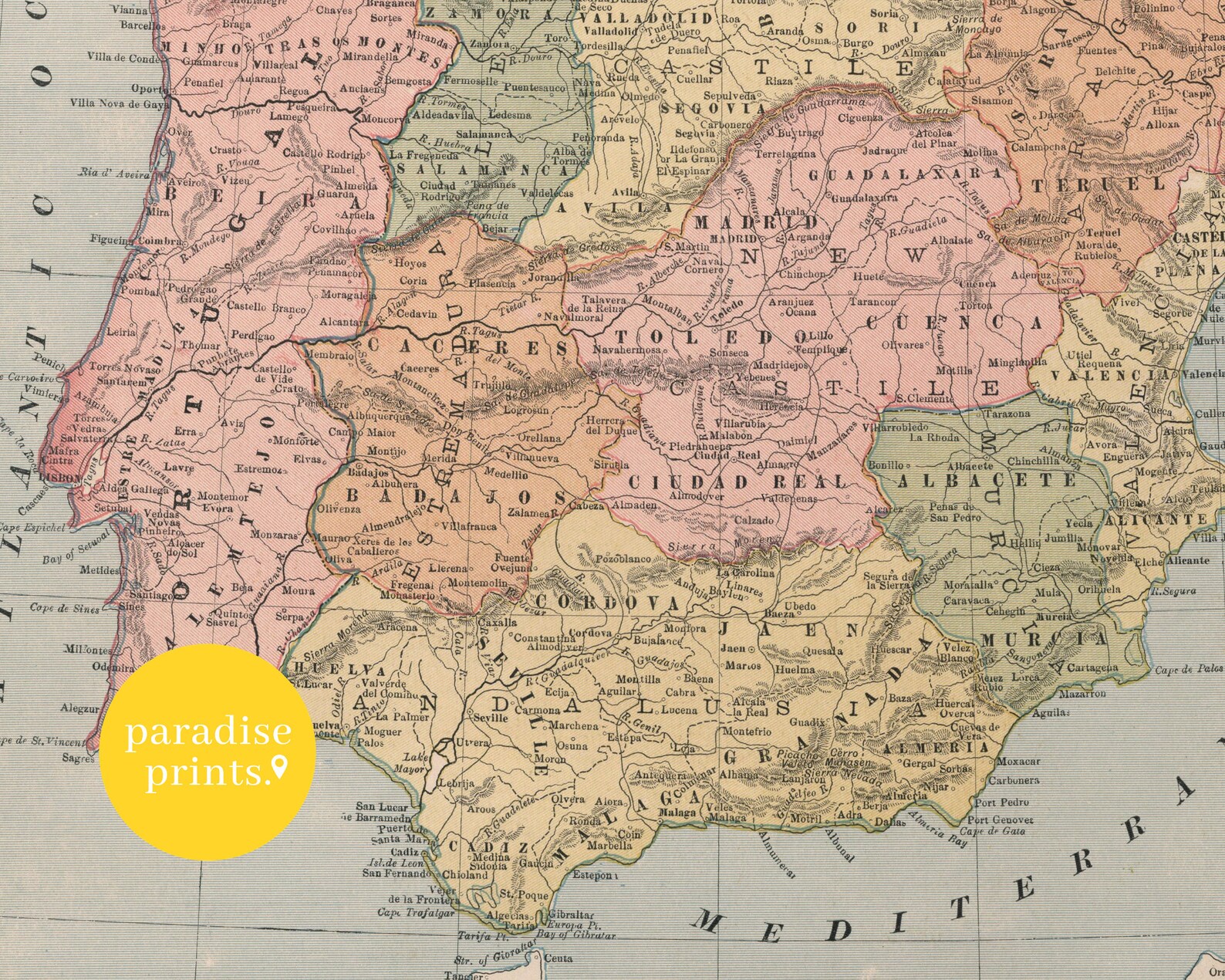 Map of Spain, Spain Map Print, Spain Poster, Spain Wall Art, Old Map of Spain, Map of Portugal ...
