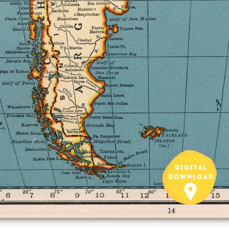 May include: A vintage map of South America, focusing on the southern tip of Chile and the Tierra del Fuego archipelago. The map is printed on blue paper with orange and yellow lines and text. The map includes the names of various cities, islands, and geographical features.