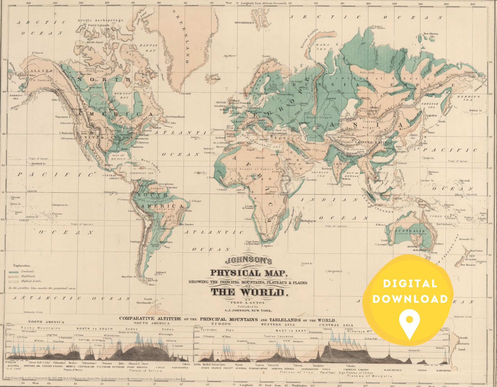 World Map. 1870, Digital Download, Vintage Map, Terrain Map, Physical