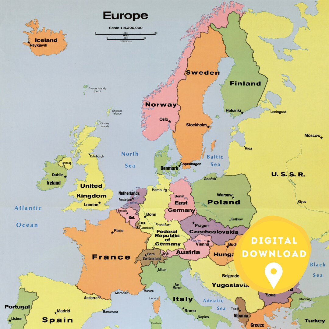 Digital Political Map Of Europe 1970s Printable European Map Europe 