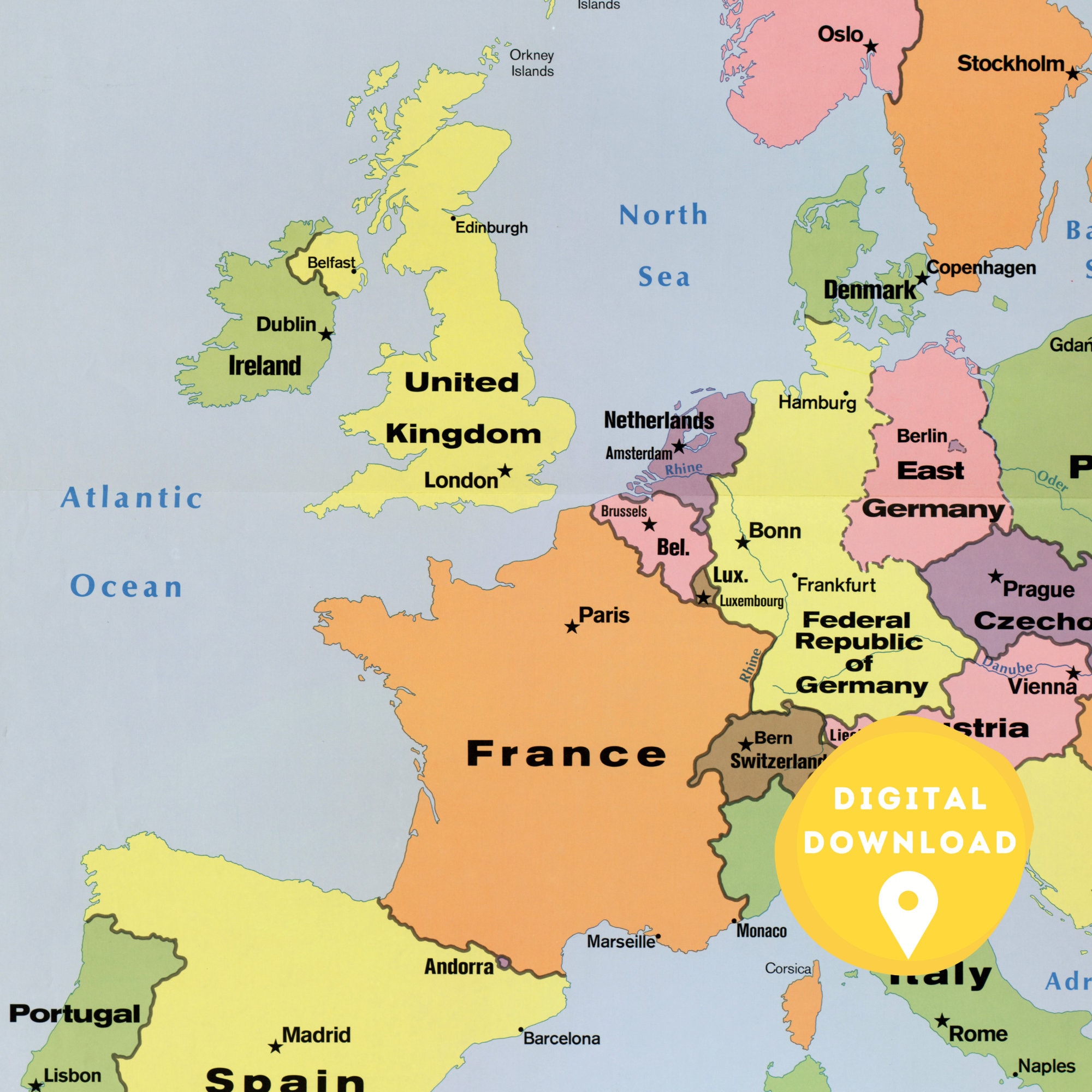 Digital Political Map of Europe 1970s, Printable European Map, Europe Map Poster, Countries of 