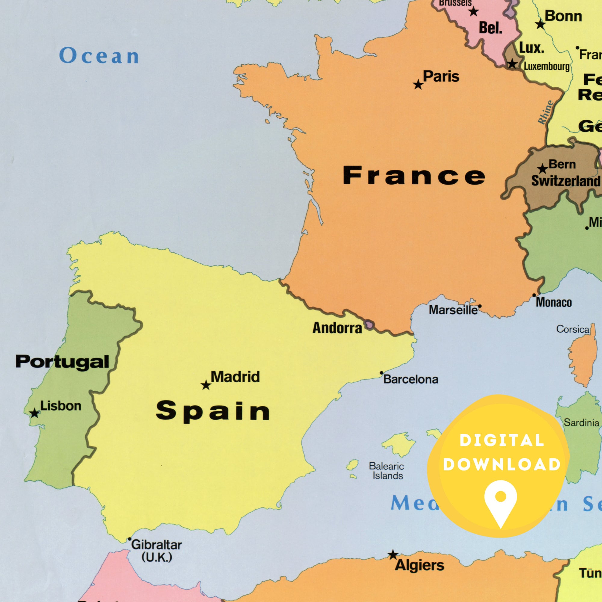 Digital Political Map of Europe 1970s, Printable European Map, Europe