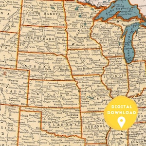 May include: A vintage map of the United States with a yellow circle highlighting the text "DIGITAL DOWNLOAD". The map shows state borders and major cities. The map is in a retro style with a brown background and orange borders.