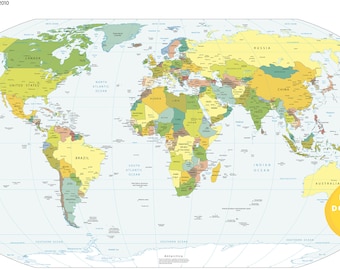 デジタル世界政治地図、印刷可能な政治地図、世界地図ポスター、世界の国々、世界の壁アートポスター、世界地図