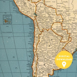 May include: A vintage map of South America with a yellow circle highlighting the area of Paraguay. The map is printed on blue paper with brown lines and text. The map includes the countries of Peru, Bolivia, Chile, Argentina, Uruguay, Paraguay, and Brazil.