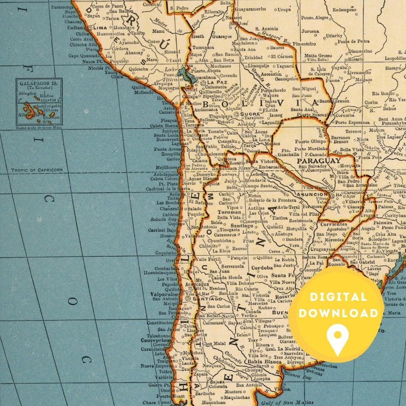 May include: A vintage map of South America with a yellow circle highlighting the area of Paraguay. The map is printed on blue paper with brown lines and text. The map includes the countries of Peru, Bolivia, Chile, Argentina, Uruguay, Paraguay, and Brazil.