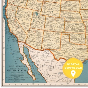 May include: A vintage map of the United States with a yellow circle with the text "DIGITAL DOWNLOAD" in the bottom right corner. The map shows state borders, major cities, and geographic features. The map is printed on a light blue background with a brown border.