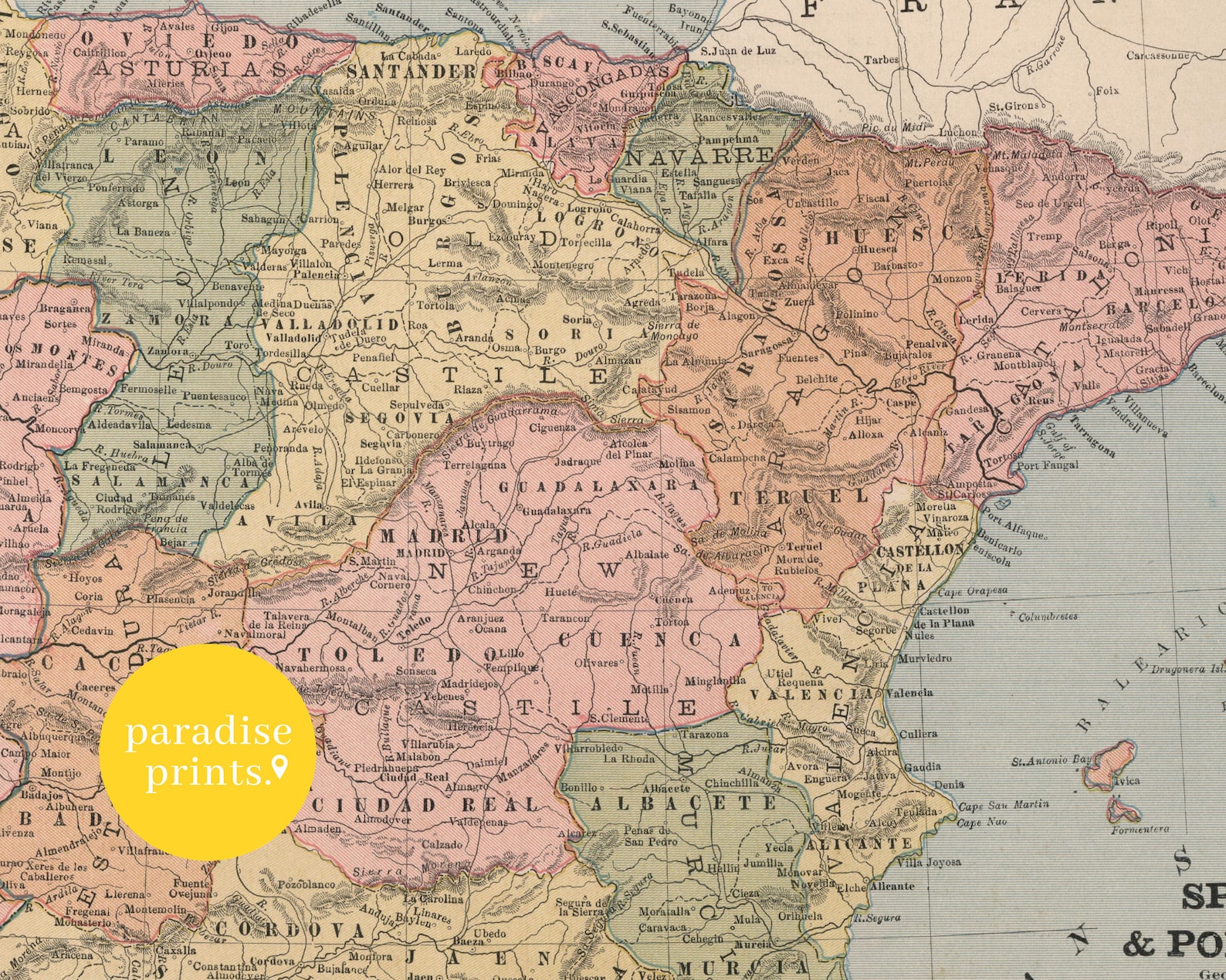 Map of Spain, Spain Map Print, Spain Poster, Spain Wall Art, Old Map of Spain, Map of Portugal ...