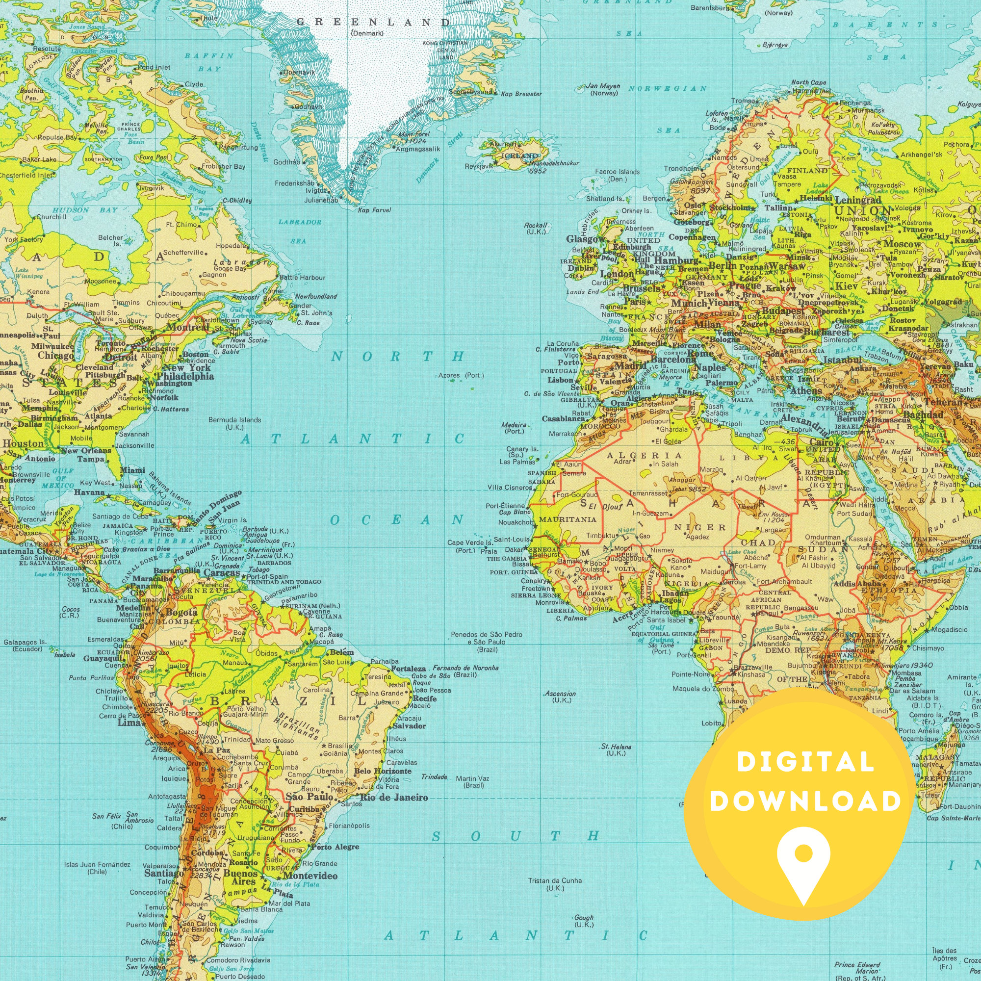 Vintage World Map Print: 1970s Atlas, Countries & Cities (digital ...