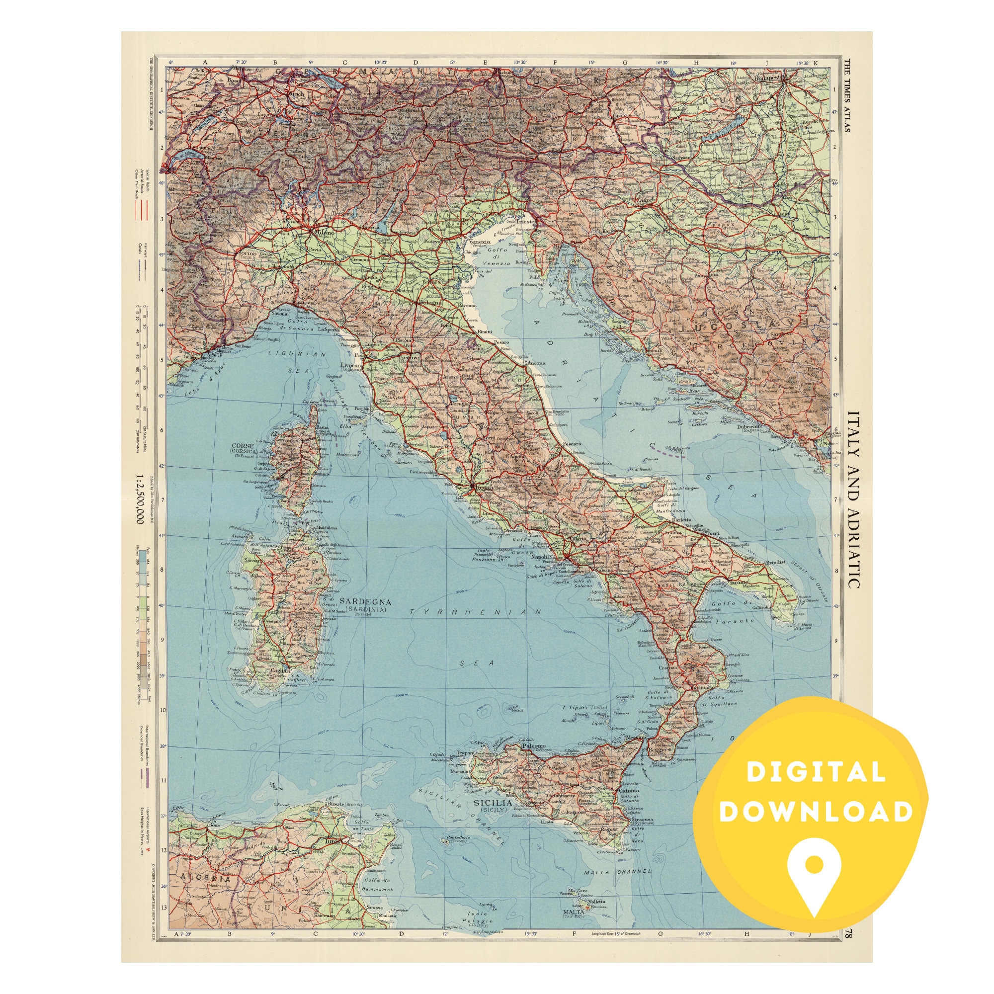 Vintage Italy Map Print: Italian Cities & Towns (digital Download