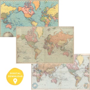 Wereldkaart (Set van 3) digitale download, vintage kaart, retro kaart, antieke wereldkaart, wereldkaart oude stijl, instant download, 20e eeuw