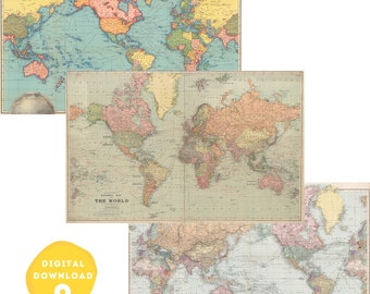 Carte du monde (Ensemble de 3) téléchargement numérique, carte vintage, carte rétro, carte du monde antique, carte du monde à l’ancienne, téléchargement instantané, 20ème siècle