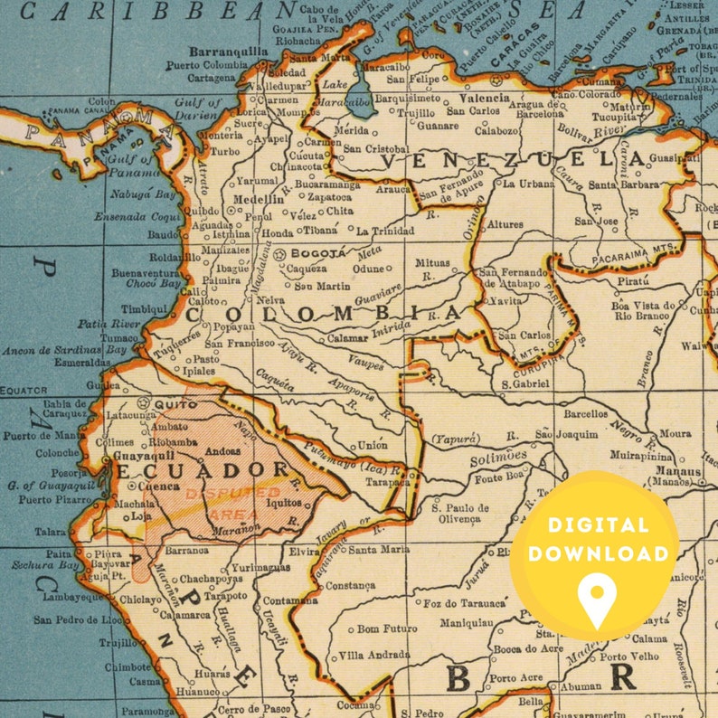 May include: A vintage map of South America, highlighting the countries of Colombia, Venezuela, Ecuador, and Brazil. The map is printed on a light blue background with orange and brown borders. The map includes major cities, rivers, and mountains.