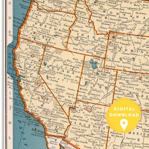 May include: A vintage map of the Western United States, showing states like California, Nevada, Utah, Arizona, and Colorado. The map is printed on a cream-colored background with brown lines and text. The map includes major cities, rivers, and mountain ranges.