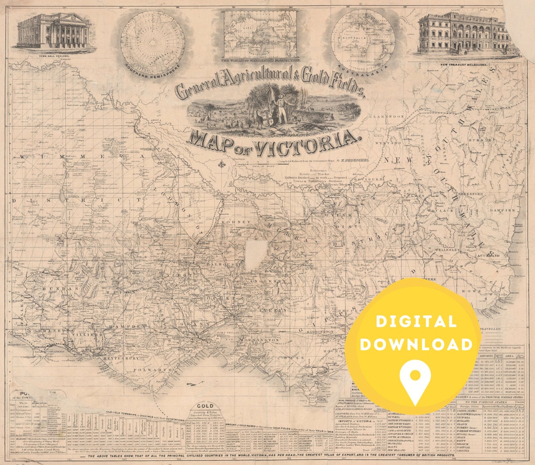 Goldfields Map Victorian Gold Rush Map: Antique Victoria Australia (digital Download ...
