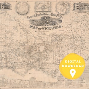 Victorian Gold Rush Treasure Map. Digital Download, Goldfields, Antique Map, Old Map, Vintage, Victoria, Australia, Maps