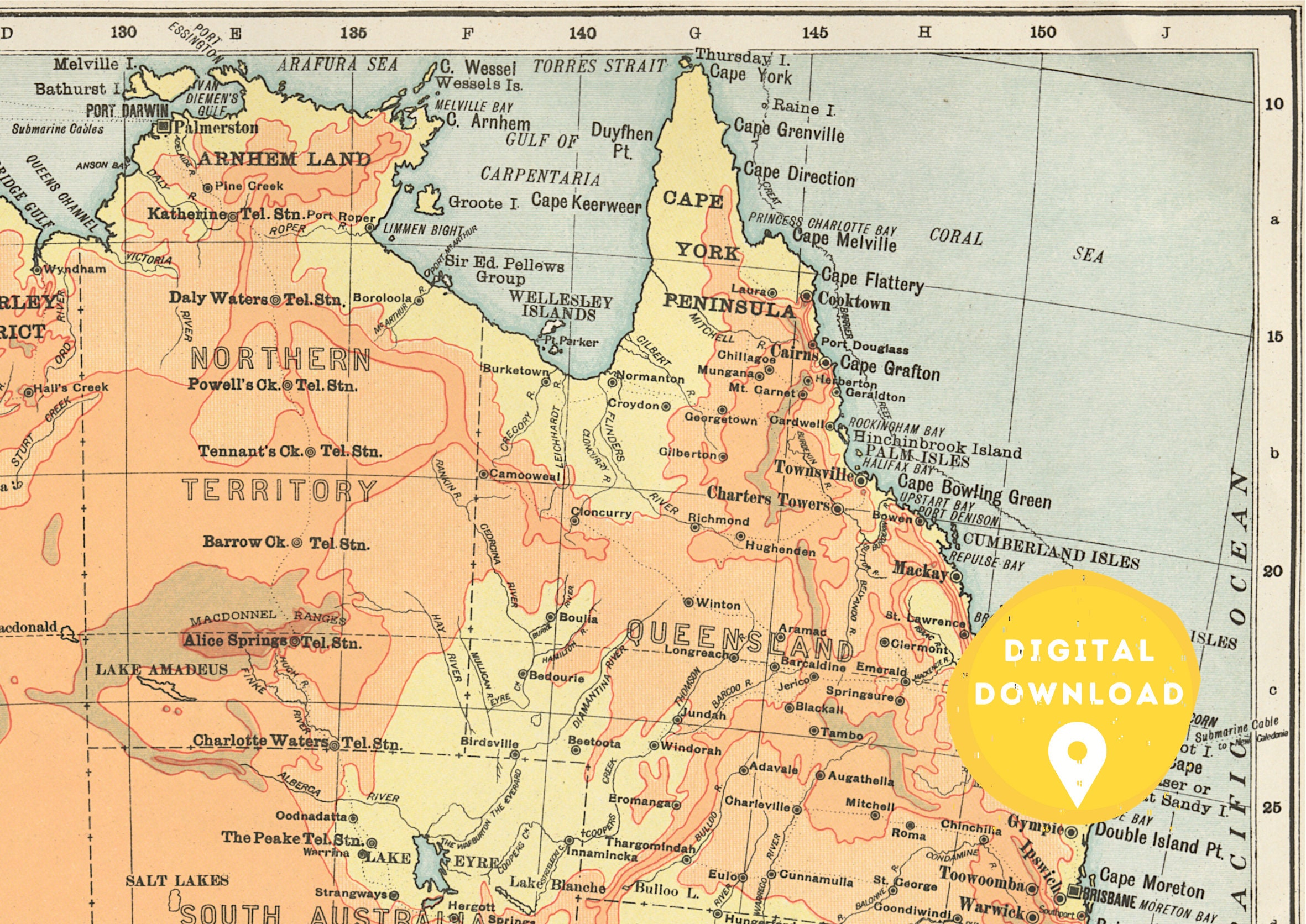 Map of Australia, Printable Map, Australia Poster, Map Poster, Vintage ...