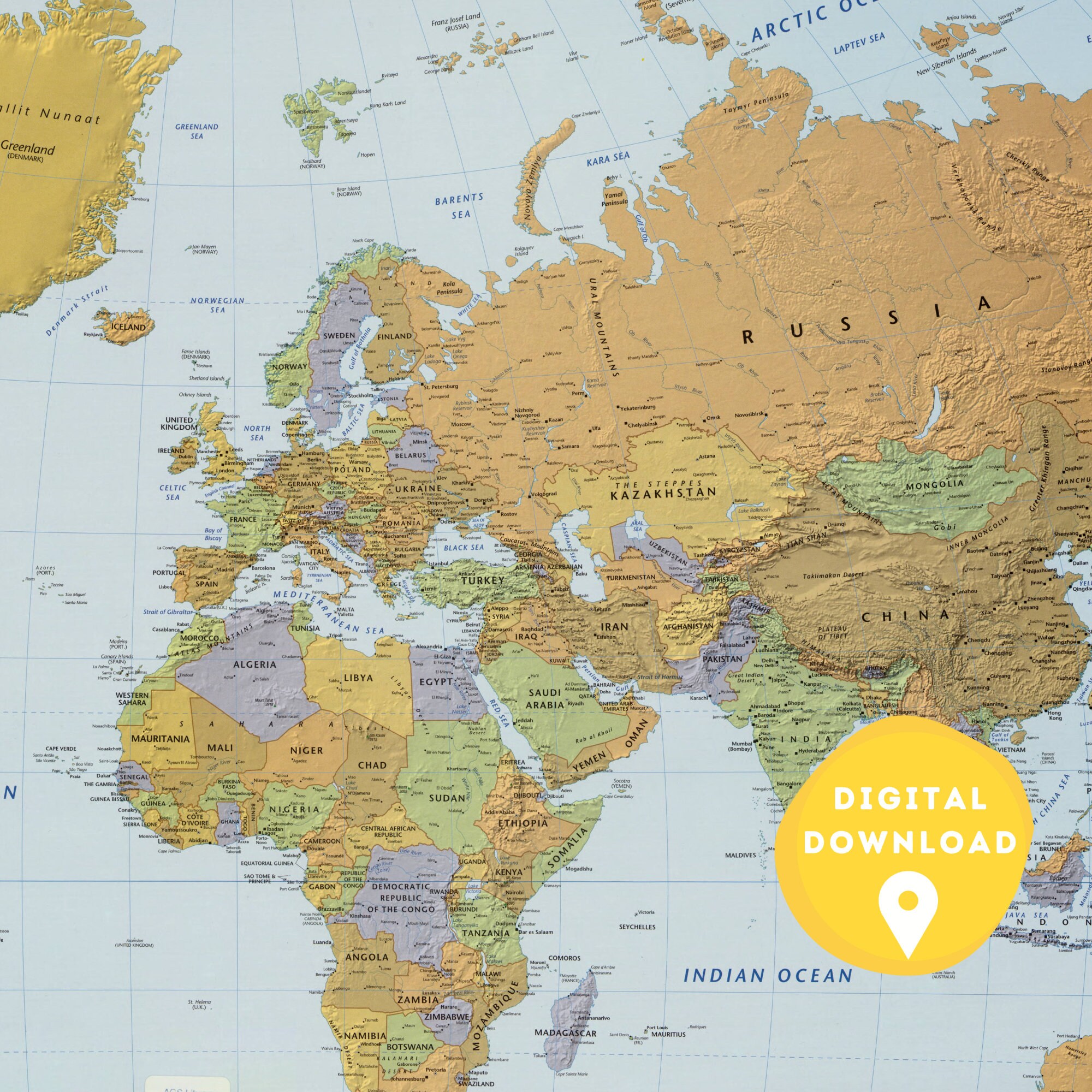 Digital World Political Map, Printable Political Map, World Map Poster ...