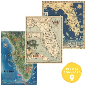 Florida Kaart (Set van 3) digitale download, vintage kaart, retro kaart, antieke wereldkaart, Florida staatskaart, instant download, Florida kunst aan de muur