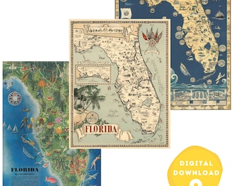 Florida Karte (3er Set) digitaler Download, Vintage Karte, Retro Karte, antike Weltkarte, Florida State Karte, sofortiger Download, Florida Wandkunst