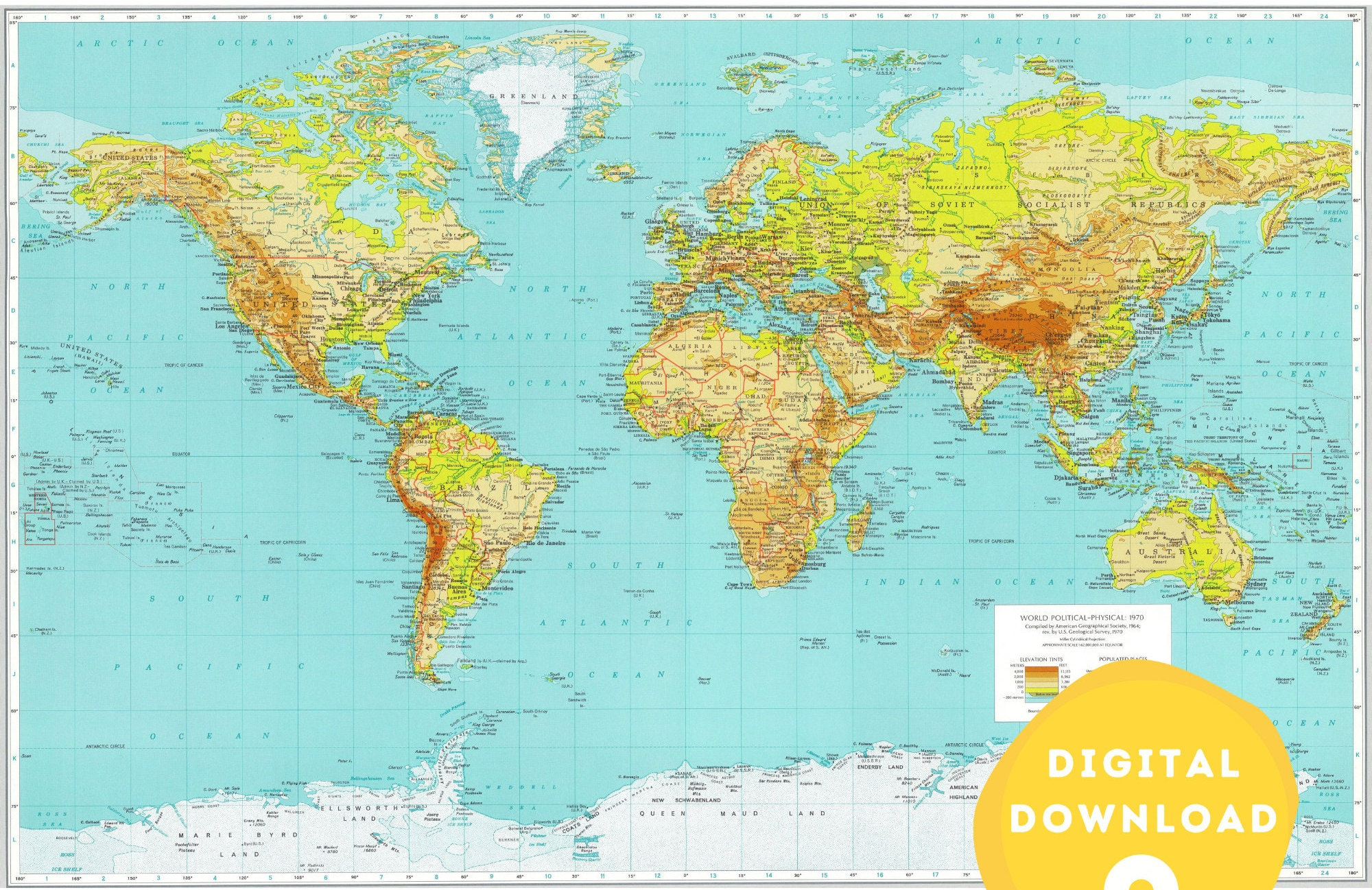 Vintage World Map Print: 1970s Atlas, Countries & Cities (digital