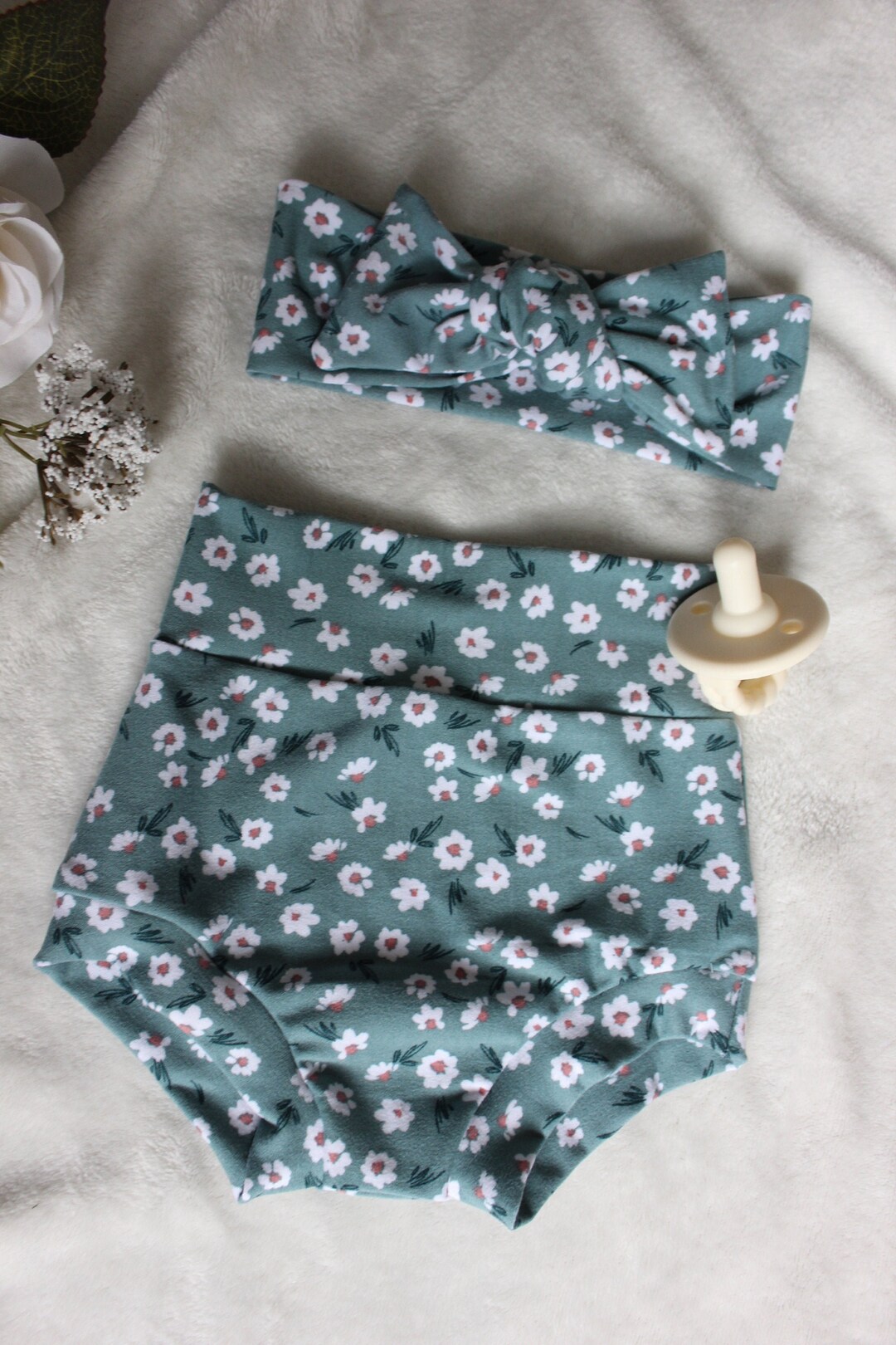 Baby Bummie Set, Daisy Baby Girl Clothes, Baby Bow Headband and Shorts