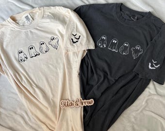 Ghost embroidered tee Halloween embroidered T-shirt fall embroidered bat sleeve T-shirt ghost and bat embroidery tee comfort colors tee