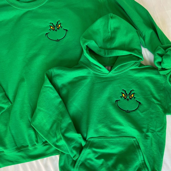 Grinch embroidered sweatshirt kid Christmas embroidered sweatshirt green man grinch smirk Christmas grinch funny Christmas sweatshirt grinch
