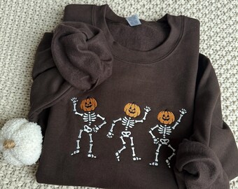 moletom bordado de esqueletos dançantes, moletom bordado assustador de halloween, moletom de outono para halloween, esqueletos assustadores bordados