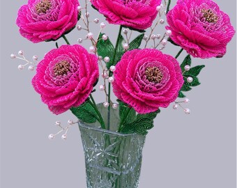Bouquet da sposa con 5 peonie e perline, composizione floreale rosa fatta a mano, fiori eterni, regalo di nozze, decorazione per la casa