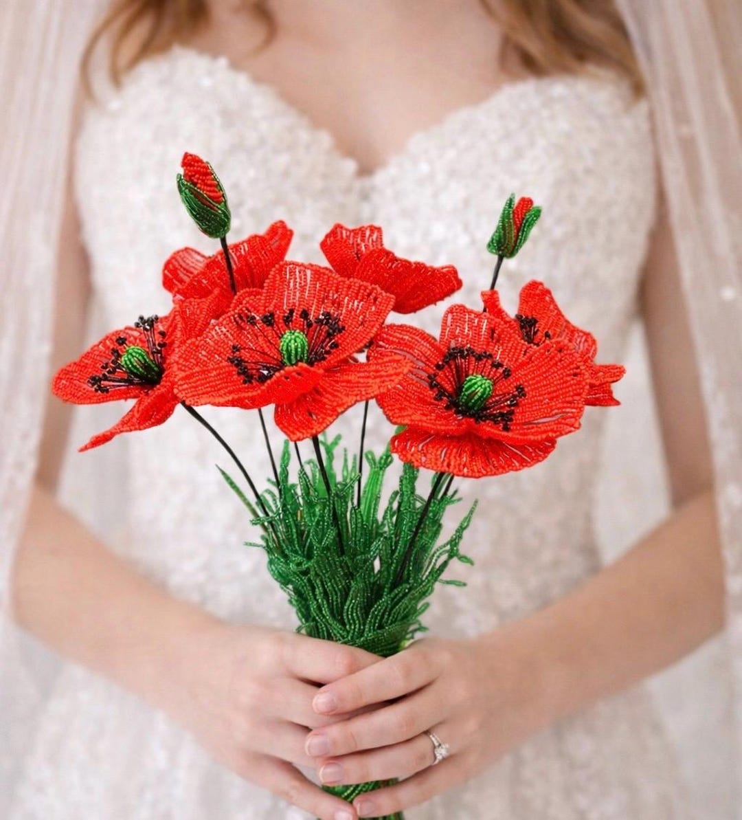 Ruby Poppies 9 Poppies, Red Poppies,handmade Poppies,beaded Flowers,czech Beads ...