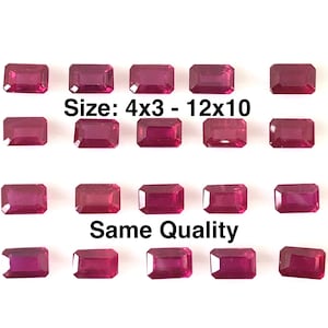 May include: A collection of 15 deep red rectangular gemstones. The gemstones are arranged in three rows of five. The text "Size: 4x3 - 12x10" and "Same Quality" are printed below the gemstones.