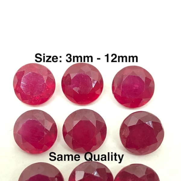 Rubí rojo Forma redonda Corte Facetado Piedra preciosa suelta Tamaño 2 mm, 3 mm, 4 mm, 5 mm, 6 mm, 7 mm, 8 mm, 9 mm, 10 mm, 11 mm y 12 mm Calidad AAA Artículo más vendido