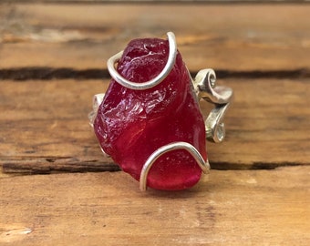 Raw Ruby Ring for Women, 925 Sterling Silver Ring, Rough Stone Ring, Red Ruby Ring, Red Sapphire Ring, July Birthstone, Ruby Crystal Ring