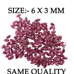 May include: A pile of approximately 100 small, red, marquise-shaped gemstones. The gemstones are approximately 6 mm by 3 mm in size. The text "SIZE:- 6 X 3 MM" and "SAME QUALITY" is visible in the image.