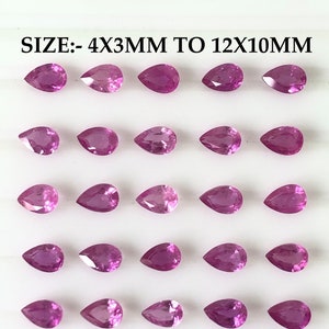 May include: Twenty pink pear-shaped gemstones arranged in four rows. The gemstones range in size from 4x3mm to 12x10mm. The text "SIZE: - 4X3MM TO 12X10MM" is at the top of the image. The text "ALL MATCHING" is at the bottom of the image.
