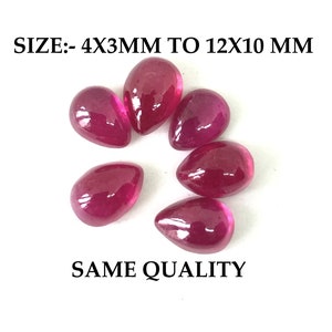 May include: Six pink pear-shaped gemstones of varying sizes, ranging from 4x3mm to 12x10mm. The text "SIZE:- 4X3MM TO 12X10 MM" and "SAME QUALITY" is visible below the gemstones.