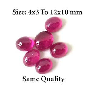 Op de afbeelding: Zes roze ovale edelstenen in verschillende maten, variërend van 4x3 mm tot 12x10 mm. De tekst "Grootte: 4x3 tot 12x10 mm" en "Zelfde kwaliteit" is zichtbaar onder de edelstenen.