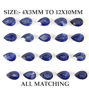 May include: Twenty-five pear-shaped blue sapphires of various sizes, ranging from 4x3mm to 12x10mm. The sapphires are all matched in color and clarity.  SIZE: - 4X3MM TO 12X10MM ALL MATCHING