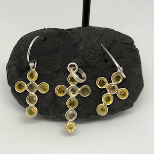 Beautiful Amazingly Designed Cross Shaped Earring Pendant Set In 925 Sterling Silver With Yellow Sapphires Round Shaped Cut GemStone