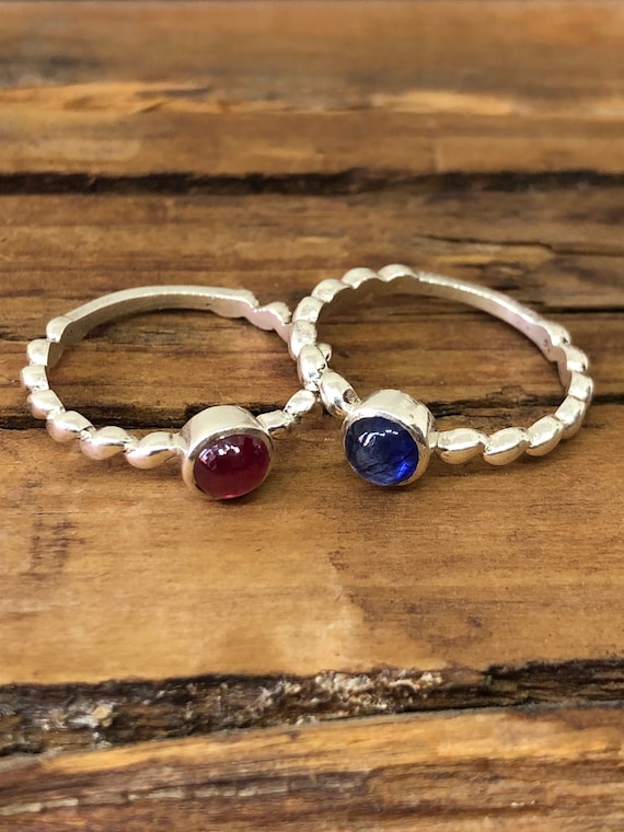 Ruby, Blue Sapphire Cabochon Mini Stone 925 Sterling Silver Twisted Ring, Luster Stone Silver Band ,Thin, Vintage, Wedding Eternity Ring.
