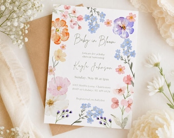 Invito per baby shower a tema "Baby in Bloom", download digitale per Canva