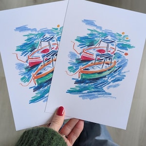 Illustration de voyage de bateaux | European Boats Imprimer | Art mural Europe | Poster de voyage en Europe | Art mural | Illustration de voyage | Dessiné à la main