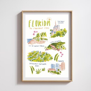 Affiche de voyage en Amérique de la Floride | Key Biscayne Beach, Lake George, Disney's Magic Kingdom, Parc national des Everglades, Tampa | Dessiné à la main