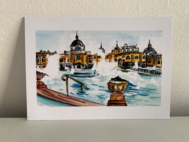 Collectible Print of Original Watercolour Budapest Szechenyi Thermal Bath Wall Art Travel Illustration. Holiday Destination