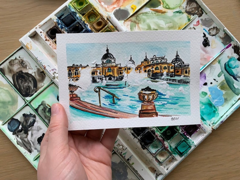Collectible Print of Original Watercolour Budapest Szechenyi Thermal Bath Wall Art Travel Illustration. Holiday Destination