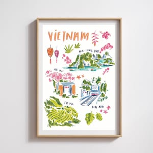 Vietnam Travel Illustration | Ha Noi, Sa Pa, Hoi An, Ha Long Bay Travel Poster | South East Asia Travel Wall Art | Hand-Drawn