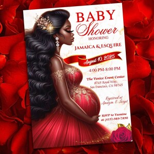 Czerwone i złote zaproszenie na baby shower w stylu afroamerykańskim | Elegancka królewska mama-na-przyszłość | Luksusowe przyjęcie z okazji ujawnienia płci dziecka | Kobieta etniczna | Ciąża